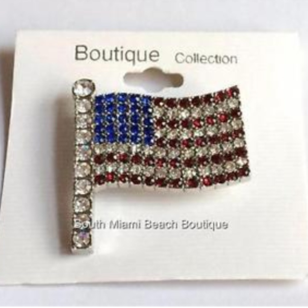 Silver Plated Crystal USA Flag Pin Brooch Patriotic 1.75" July 4th American US